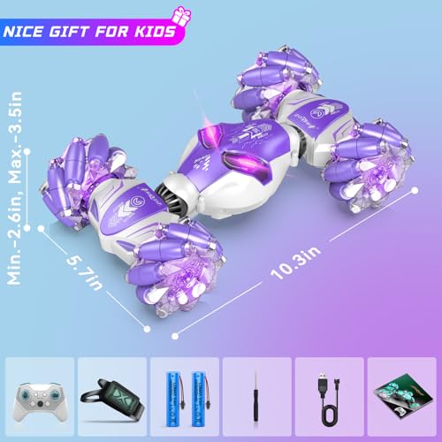 AEROQUEST Purple Gesture Control RC Twist Car with Lights, Gift for Kids 6+ | 360° Spins Action Rechargeable Up to 60-Min Playtime All-Terrain Performance Durable Shock-Absorbing Wheels - color: Purple