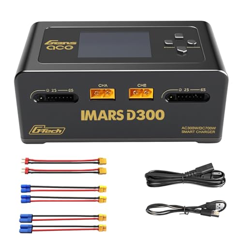 Lipo Battery Charger, Gens Ace Charger IMARS D300 G-Tech Series Smart Dual Lipo Balance Charger AC 300W DC 700W (350W*2) 16A RC Battery Charger for 1s~6s Lipo Batteries Life NiCd MH LiHV (Black) - color: Black