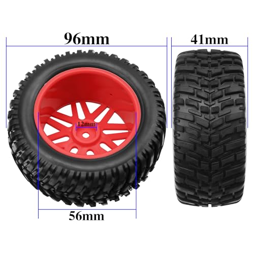 OD 96mm RC Off Road Short Course Truck Tire w/Plastic Rim 12mm Hex Compatible with 1/10 Scale Buggy Car HSP 94170 94155 Wltoys 1/14 144001 124019 RC Car (Red) - color: Red