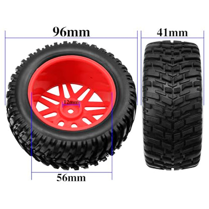OD 96mm RC Off Road Short Course Truck Tire w/Plastic Rim 12mm Hex Compatible with 1/10 Scale Buggy Car HSP 94170 94155 Wltoys 1/14 144001 124019 RC Car (Red) - color: Red