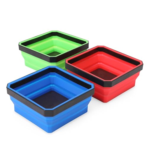 PR1ME Collapsible Magnetic Parts Tray Set, Foldable Magnetic Tray, 3 Pieces 4.25 inch Square Silicone Bowls with Magnetic Base Stores and Organizes Small Parts and Tools - size: Basic Trays