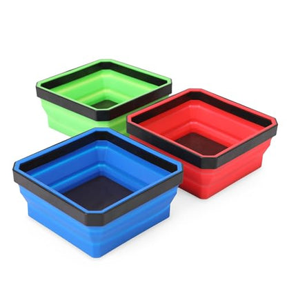 PR1ME Collapsible Magnetic Parts Tray Set, Foldable Magnetic Tray, 3 Pieces 4.25 inch Square Silicone Bowls with Magnetic Base Stores and Organizes Small Parts and Tools - size: Basic Trays