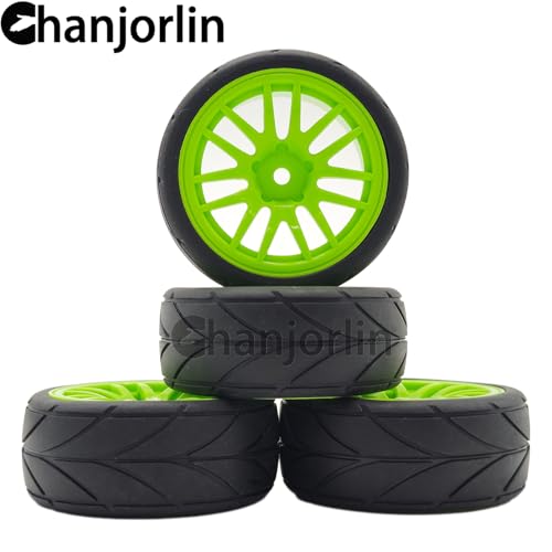 RC 1/10 On Road Touring Tires & Wheels 12mm Hex Hard Plastic Rims OD 65mm Street Racing Tyre for 1:10 1/12 Rally Drift Car Tamiya TT01 TT02 Traxxas XV02 XV01 HPI KYOSHO PTG2 4PCS (Green) - color: Green