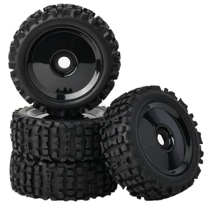 Preglued 1/8 Scale RC Buggy Truggy Tires & Wheels Set 17mm Hex Wheels Tyres- All-Terrain Deep Tread, Compatible with 1/8 Arrma Typhon, Losi, Team Associated, HPI (black rims) - color: black solid-dish rc wheels