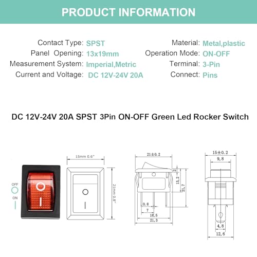5 Pack KCD1 SPST On/Off Red LED Boat Rocker Toggle Switch | 3-Pin 2-Position Snap In, Only for DC 12V-24V 20A - color: Red, size: DC 12V-24V 20A - Not Pre-Wired