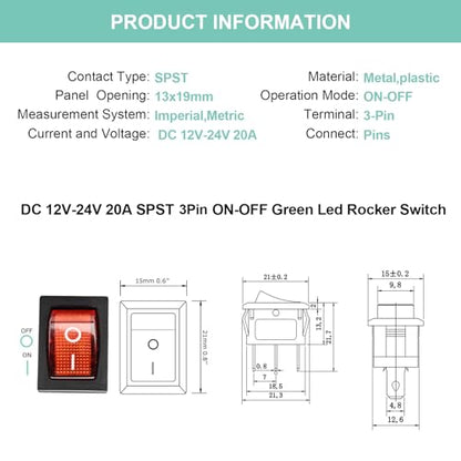 5 Pack KCD1 SPST On/Off Red LED Boat Rocker Toggle Switch | 3-Pin 2-Position Snap In, Only for DC 12V-24V 20A - color: Red, size: DC 12V-24V 20A - Not Pre-Wired