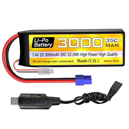 sea jump 2S Lipo Battery 7.4V 3000mAh 35C with EC3 Plug and USB Charging Cable Suitable for RC Car Truck Boat, RC Quadcopter Aircraft, FPV Drone Battery