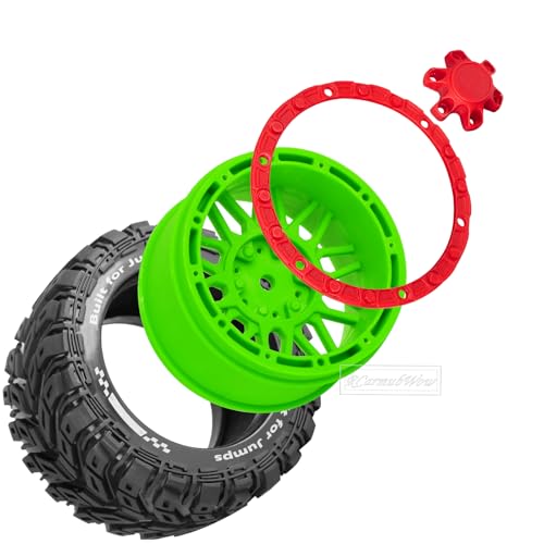 RC Wheels and Tires for 1/16 Scale,RCarmubWow Plastic Rim Rubber Tires for 1/16 Summit E-Revo Gorgon Grom,Mini Kraton 3S, M-J-X16207-16210, H-B-X16889 16890,S-C-Y16101-16106 RC Truck,Green&Red - color: Green W/Red(4pcs)