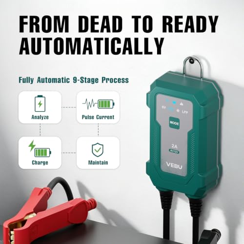 Smart 2A 6V/12V Battery Charger Maintainer - Auto Desulfator & Winter Mode for Deeply Discharged Lead-Acid & LiFePO4 Batteries - Perfect for Motorcycle, Car, Boat, RV, ATV - size: 2A