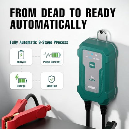 Smart 2A 6V/12V Battery Charger Maintainer - Auto Desulfator & Winter Mode for Deeply Discharged Lead-Acid & LiFePO4 Batteries - Perfect for Motorcycle, Car, Boat, RV, ATV - size: 2A