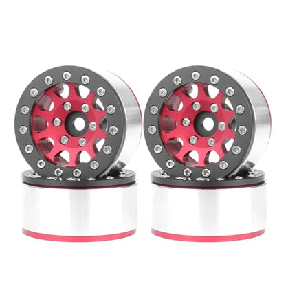4PCS 1.55 Inch Aluminum Alloy Metal 10Holes Beadlock Wheel Rim Hubs Replacement Accessory for Tamiya AX90069 D90 TF2 CC01 CC02 1/10 RC Crawler Car Upgrade Parts (Black Red) - color: Black Red