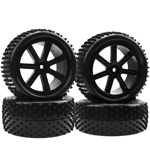 RC OD 85mm/3.34" Front Rear Rubber Tire Tyre & Plastic Wheel Rims 12mm Hex Hub 7-Spoke Compatible with Redcat HPI HSP Kyosho Losi 1/10 1/12 Scale Off Road RC Buggy,Set of 4