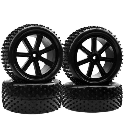 RC OD 85mm/3.34" Front Rear Rubber Tire Tyre & Plastic Wheel Rims 12mm Hex Hub 7-Spoke Compatible with Redcat HPI HSP Kyosho Losi 1/10 1/12 Scale Off Road RC Buggy,Set of 4