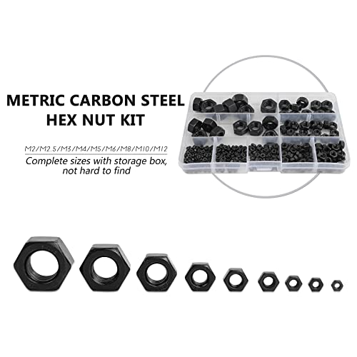 NINDEJIN 326 pcs M2-M12 (9 Sizes) Metric Black Hex Nuts Kit for Screw Bolt | Carbon Steel, Metal Hex Nuts Set, Six-sided Hexagon Nuts, for Locks; Lamps; Toys; Bicycles, Used to Tighten Bolts and Screws