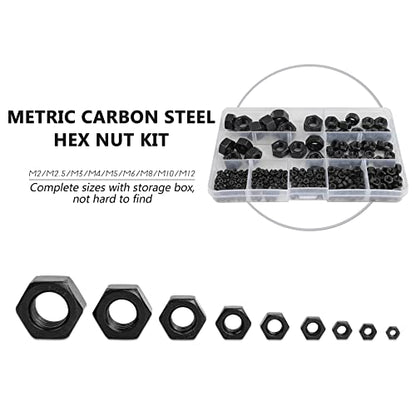 NINDEJIN 326 pcs M2-M12 (9 Sizes) Metric Black Hex Nuts Kit for Screw Bolt | Carbon Steel, Metal Hex Nuts Set, Six-sided Hexagon Nuts, for Locks; Lamps; Toys; Bicycles, Used to Tighten Bolts and Screws