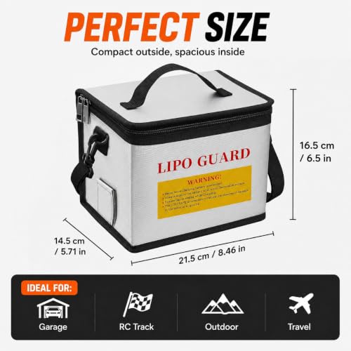 LiPo Safe Bag Fireproof Explosionproof Battery Storage & Charge Safe Pouch | Fire Resistant Large Capacity Battery Guard Bag with Side Charging Port, Double Zipper, Reinforced Handle & Shoulder Strap - color: White