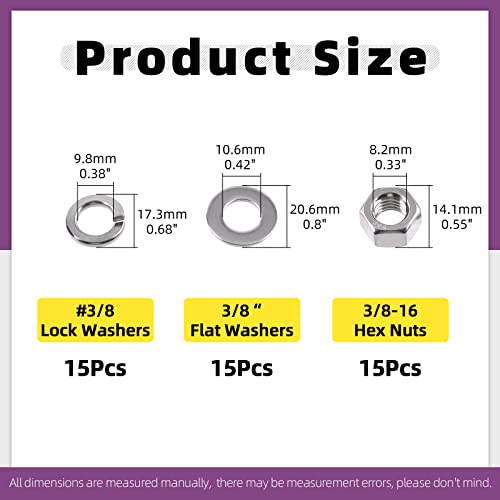 Swpeet 45Pcs SAE 304 Stainless Steel 3/8-16" Hex Nuts and #3/8 Flat Washers with #3/8 Split Lock Washers Assortment Kit, Coarse Thread Hexagon Nut for Home Automotive Shop Use - size: #3/8-16 Hex Nuts & Washers