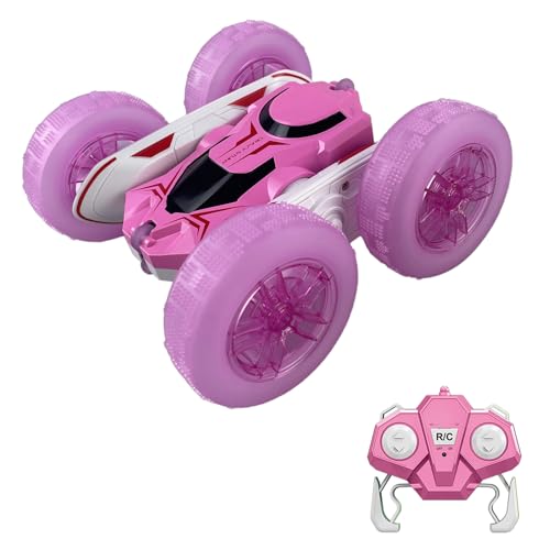 Remote Control Car, RC Stunt Car, 2.4GHz 4WD RC Cars with LED Lights, Double-Sided Driving, 360° Flips Rotating, Rechargeable Battery (Pink) - color: Pink, size: 1 Battery