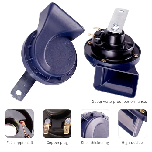 FARBIN Car Horn 12V Loud High Low Tone Truck Horn Electric Snail Horn Kit | Blue classic design, waterproof, 12V 130dB loud, universal for any 12V vehicles - style: 12V Blue horn with wire harness