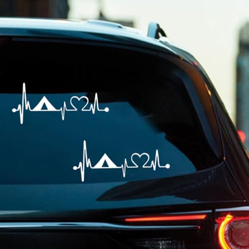 Craedli 2PCS Camping Tent Heartbeat Sticker Car Decal, 7.8"×3.3" Waterproof Vinyl Pulse Line Heart Sticker, Outdoor Adventure Car Bumper Window Decals for Camper SUV Truck Laptop (White-Heart) - color: White-heart