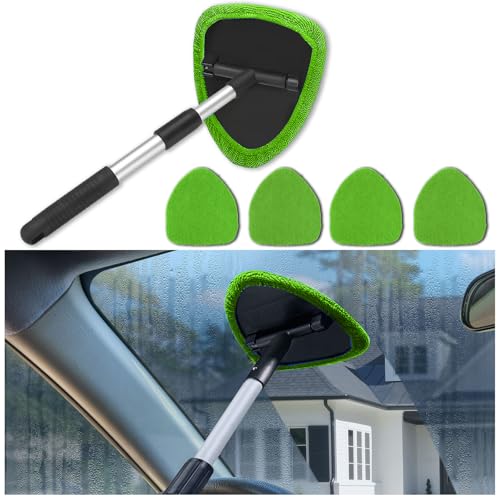 4 Pack Windshield Cleaning Tool with Extendable Handle, Green | aluminum ABS and microfiber body, pivoting head, reusable cloth pads, fits most vehicle glass, auto cleaning tools - color: Green