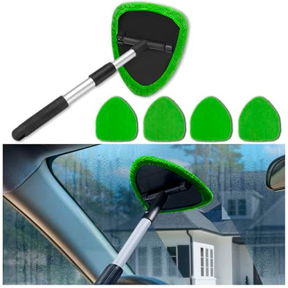 4 Pack Windshield Cleaning Tool with Extendable Handle, Green | aluminum ABS and microfiber body, pivoting head, reusable cloth pads, fits most vehicle glass, auto cleaning tools - color: Green