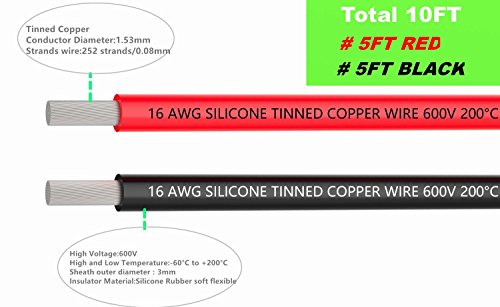 TUOFENG 16 AWG Silicone Wire - Flexible Tinned Copper, Red/Black 10ft | Ultra-flexible 16 AWG tinned copper wire (252 strands). High temp resistant (-60°C to 200°C). Easy to solder for RC & DIY. - size: 16 AWG 2 colors wire 5ft