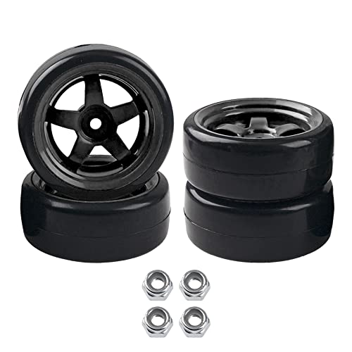 5-Spoke RC 12mm Hex Hub Wheel Rims & Rubber Tires Compatible with HSP Tamiya HPI Kyosho 1/10 On-Road Touring Car,WLtoys 1/14 144001 Traxxas 1/16 Slash RC 1/18 A959B Buggy (Black)