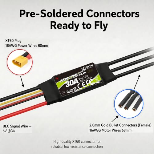 ZTW Mantis Slim G2 30A ESC 2-4S RC Airplane Speed Controller with 6V/3A Switching BEC XT60 Plug Programmable ESC for Sport Fixed-Wing and Gliders