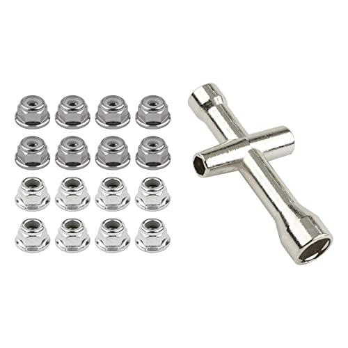 16pcs M4 Lock Nuts Set for 1/10 RC Car - Titanium Gray Aluminum & Silver Steel with Hex Driver | RC Tool Kit & Nut Driver for Traxxas Axial Tamiya Wheel Replacement - color: Gray & Silver