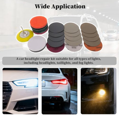 Car Headlight Restoration Kit, 21PCS 3 Inch Vehicle Headlights Lens Polishing Sanding Discs with Buffering Pad, Auto Hook and Loop Sanding Pads, Universal for Automobile RV Truck