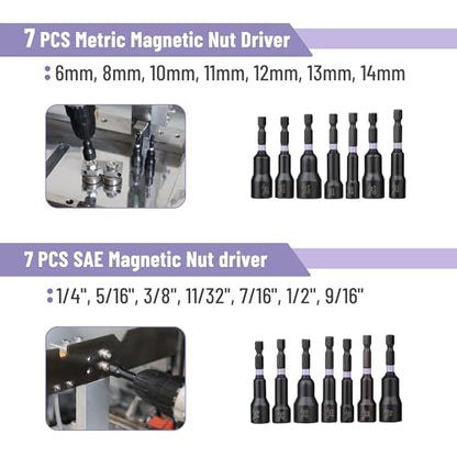 Bates- Magnetic Nut Driver Set, 21 pcs, 1/4" Hex Shank, Impact Socket Adapters, Metric and SAE Nut Driver, Quick-Release, Magnetic Nut Driver Set for Impact Drill Socket Set, Impact Driver Socket Set