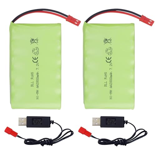 2PCS AA 7.2V 2800mAh Ni-MH Battery with JST-2P Plug and USB Charging Cable Suitable for The New Version TR-211 TR-212 TR-215 550 RC Excavator, Truck, Engineering Vehicle RC Toy