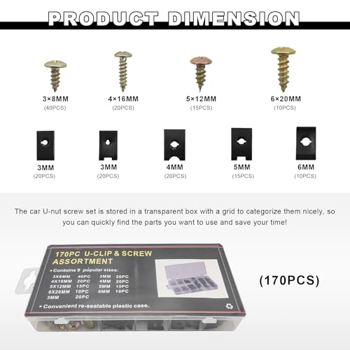 170 PCS Car U Clips with Screw Assortment Kit, 9 Different Sizes Automotive U Nuts with Screws Set, Vehicle U Clip Bolts Replacement Parts for Dash Door Panel Interior