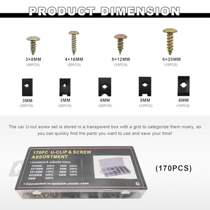 170 PCS Car U Clips with Screw Assortment Kit, 9 Different Sizes Automotive U Nuts with Screws Set, Vehicle U Clip Bolts Replacement Parts for Dash Door Panel Interior