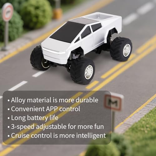 Mini Rc Truck, 1:64 Scale Monster Truck Remote Control Car with Lights, 2.4Ghz & APP Remote Control, Rechargeable Alloy Shell Mini RC Cars with Lights, Speed/Steering Adjustable (Silver) - color: Silver