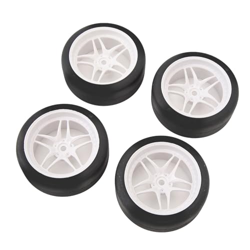 4pcs RC Tires Wheels Rims Set, 1/10 Scale Rubber Tires with 12mm Hex Hub, 26mm Wide Smooth Drift Tires for RC Racing and Drifting Cars Compatible with TT01 HSP (White) - color: White