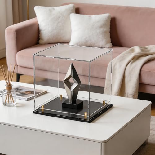 Acrylic Display Case with Raised Shelf, Clear Display Box with Black Base & Gold Standoffs, Dustproof Showcase for Collectibles, Figures, Model Cars – Easy Assembly (9×9×9 Inch) - size: 9"L x 9"W x 9"H