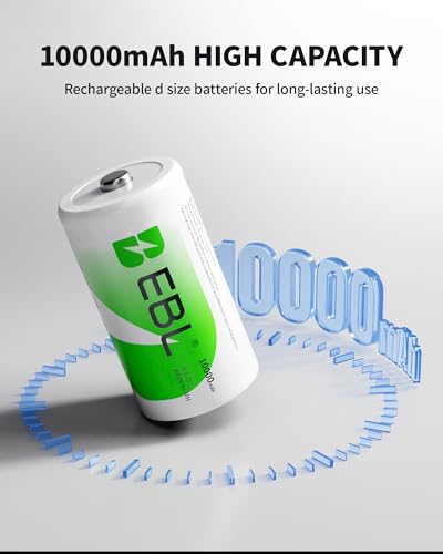 EBL D Rechargeable Batteries (4 Counts) and Universal Battery Charger | Smart Charger Compatible with C D 9V AA AAA Ni-MH Ni-CD Batteries, 10000mAh D Battery, Mercury-Free, 1200 Cycles