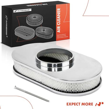 A-Premium Universal Air Cleaner Filter Assembly | 15" x 2", Oval Chrome Polished Full Finned Air Cleaner