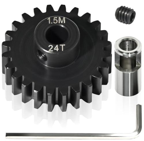 M1.5 24T Pinion Gear 8mm Bore with 8mm to 5mm Shaft Adapter Sleeve, Chromium Steel Motor Gear with Set Screw & Hex Key for Traxxas ARRMA Losi 1/5 1/8 RC Cars - size: 24T