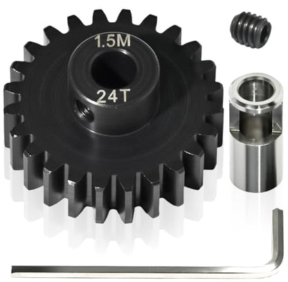 M1.5 24T Pinion Gear 8mm Bore with 8mm to 5mm Shaft Adapter Sleeve, Chromium Steel Motor Gear with Set Screw & Hex Key for Traxxas ARRMA Losi 1/5 1/8 RC Cars - size: 24T