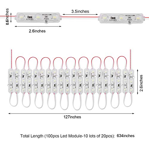 Lulin 100PCS Waterproof Super Bright Led Module Strip Lights White, 53FT DC12V 3 LED Module White for Letter Sign Advertising Sign with Tape Adhesive Backside - size: 1.2W-100PCS