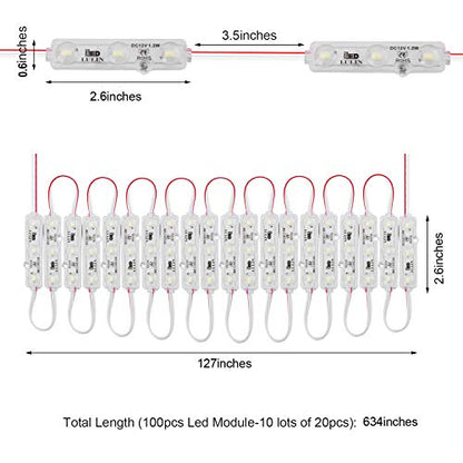Lulin 100PCS Waterproof Super Bright Led Module Strip Lights White, 53FT DC12V 3 LED Module White for Letter Sign Advertising Sign with Tape Adhesive Backside - size: 1.2W-100PCS