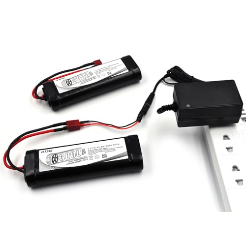 (2-Pack) 7.2V 3000mAh Ni-MH Battery with Connector for RC Vehicles | For LOSI, Associated, HPI, Kyosho and Tamiya RC cars, trucks, boats and buggies; includes 4.8V–12V Ni-MH/Ni-Cd charger. - color: 7.2V 3000mAh T-Plug