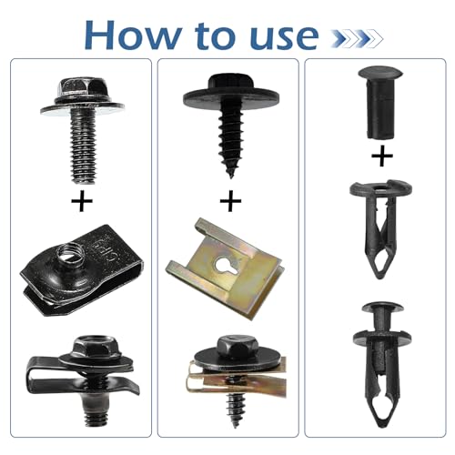 SLIMI 100 PCS Car Body Screws and Bolts, Bumper Fender Screws Bolts Set, Splash Shield Retainer U-Nuts Kit, Universal Engine Chassis Nut/Body Clamp, for Most Cars, SUVs, Trucks (Black)