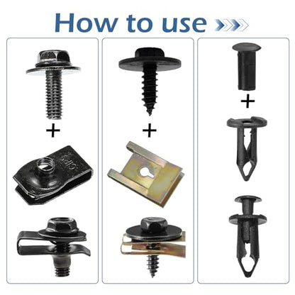 SLIMI 100 PCS Car Body Screws and Bolts, Bumper Fender Screws Bolts Set, Splash Shield Retainer U-Nuts Kit, Universal Engine Chassis Nut/Body Clamp, for Most Cars, SUVs, Trucks (Black)