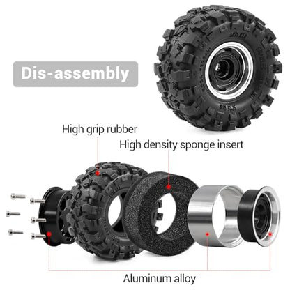 1.0" Beadlock Aluminum Wheels and 57mm Soft Rubber Tires | for SCX24, TRX4M, Ascent 18, FCX24, 1/18 1/24 RC Crawler, 7mm Hex, 0mm Offset, with Foam Inserts, (Black 101) - color: Black 101