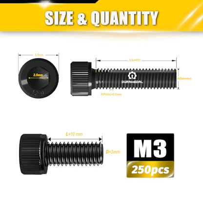 M3x10mm Screws 250pcs Hex Socket Cap 12.9 Steel Black Zinc Fully Thread | Allen socket drive head cap screws bolts fully thread machine screws - size: M3*10mm 250pcs