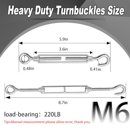 6 PCS M6 Hook and Eye Turnbuckles for Cables Wire Rope Tension | Made of 304 Stainless Steel, Corrosion Resistant & Easy to Use,220lbs Rated,Industrial Shade Sail Rigging - size: 6PCS-M6-OC
